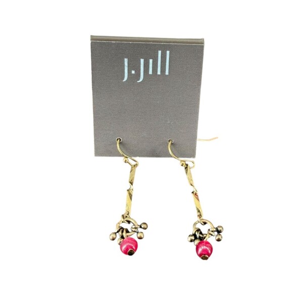 J. Jill Hook Earrings Twisted Gold Tone Red Beaded Cluster Drop Dangle Bohemian - Picture 6 of 9